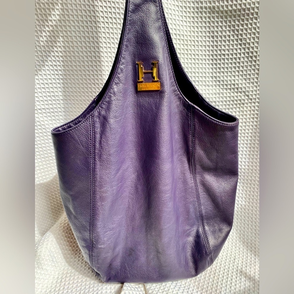 Halston Heritage Leather Tote XL oversized Bag eggplant purple slouchy hobo - Picture 1 of 12